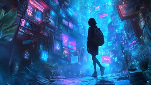 Neon canyon streetscape with solitary urban silhouette figure.