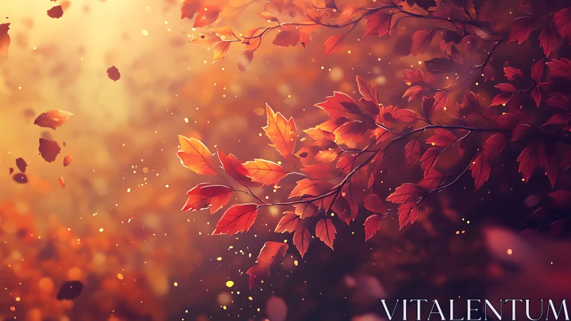 Crimson autumn leaves drifting through golden lightscape.
