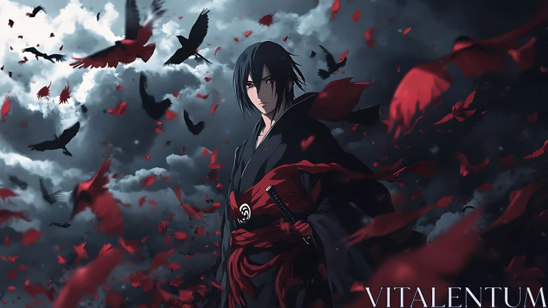 Dark anime swordsman stands amid ravens and red petals.
