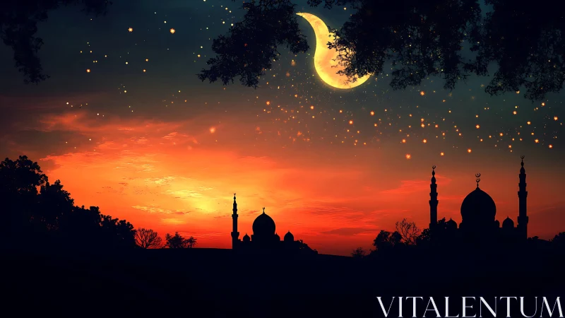 Crescent moon over mosque silhouettes at vivid twilight sky