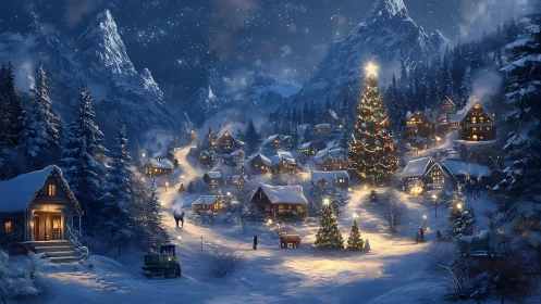 Snowy alpine village with illuminated Christmas tree centerpiece.