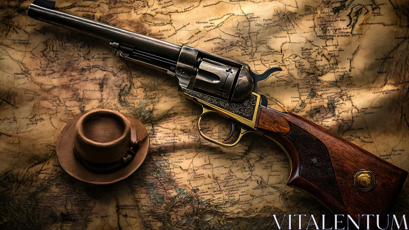 Engraved revolver and hat arranged on antique explorer map