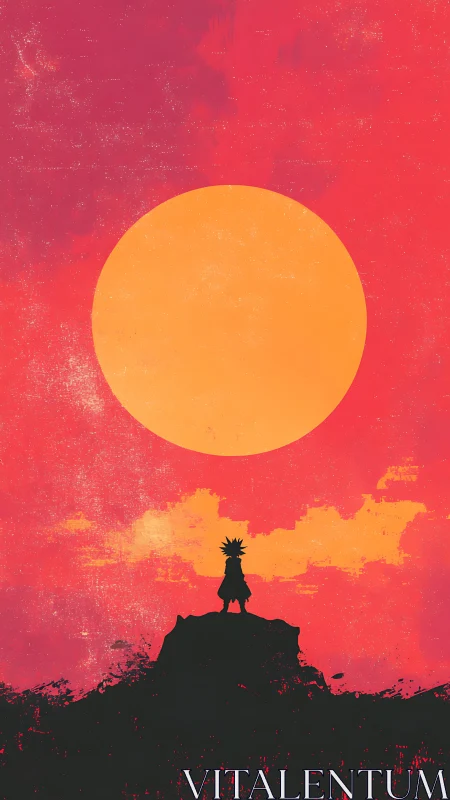 Bold young wanderer gazes up at a gigantic glowing sun