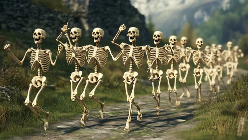 Dancing skeleton parade on rural forest path at daylight.