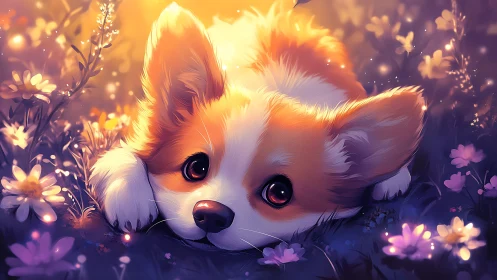 Corgi puppy rests in glowing meadow with dreamy bokeh light.