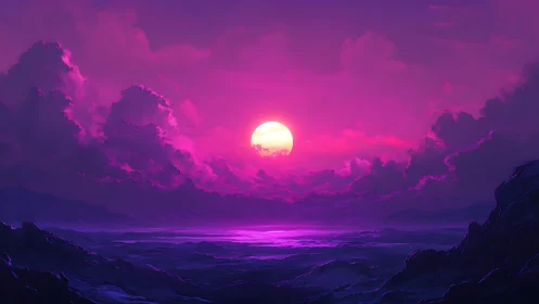Neon sun sinks through violet storm clouds over sea horizon.