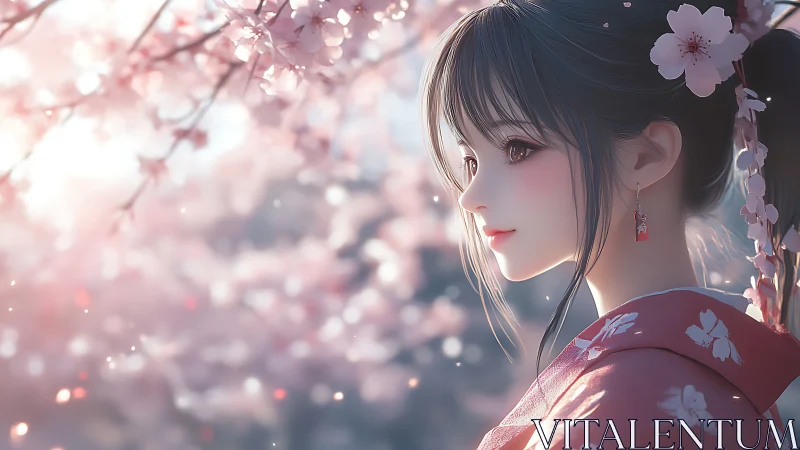 Gentle spring breeze embraces a girl beneath soft blossoms