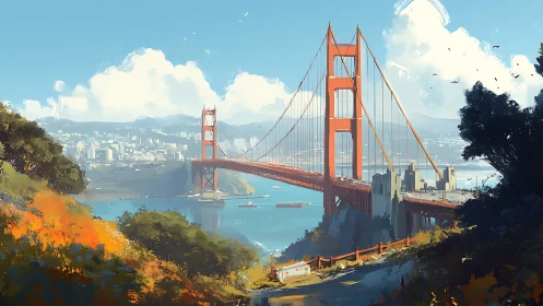 Digital painting of red suspension bridge over blue bay.