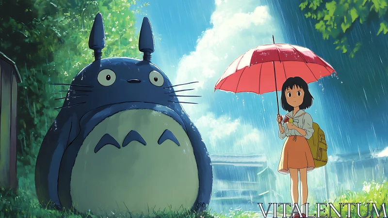 Gentle forest spirit and girl sharing a quiet rainy moment.