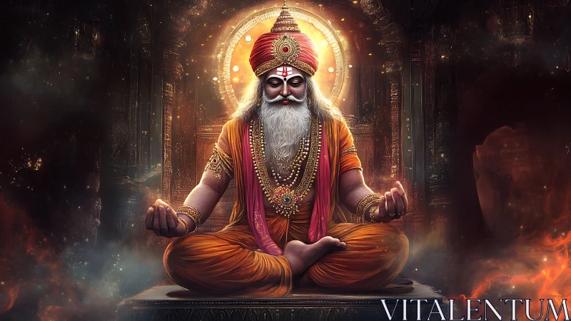 Digital painting of meditative sage with radiant mandala halo.