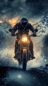 Motorcycle rider cuts through snowstorm with frontal dynamic splash