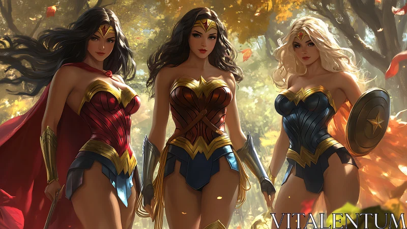 Three Powerful Warrior Women in Fantasy Forest, Digital Art Style.