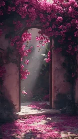 Magenta Bougainvillea Archway Through Weathered Stone.