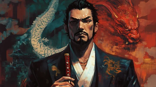 Male figure in formal attire stands before dual dragon motifs