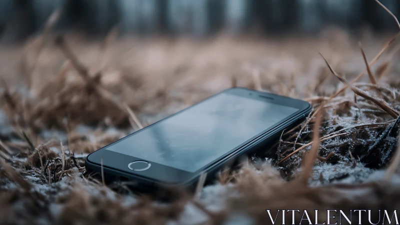 Lost Smartphone Buried in Frost-Covered Forest Ground.