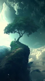 Solitary figure stands beneath a lone tree above cloud seas