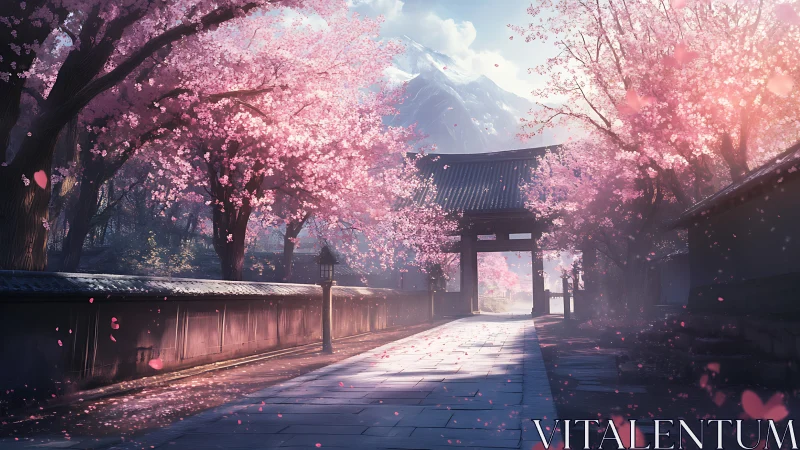 Serene cherry blossom avenue leads to distant temple gate