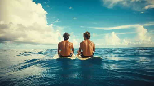 Two surfers sit on boards in calm open ocean water