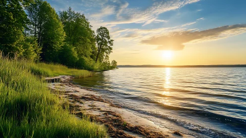 Sunlit freshwater shoreline with trees and calm water.