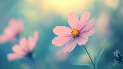 Dreamy Cosmos Bloom: Pink Petals Suspended in Turquoise Reverie.