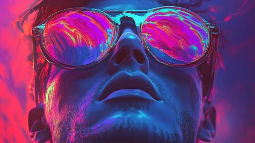 Neon-lit portrait with iridescent sunglasses reflections.