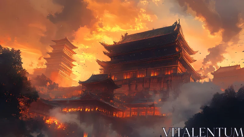 Conflagrated tiered temple complex under apocalyptic sky.