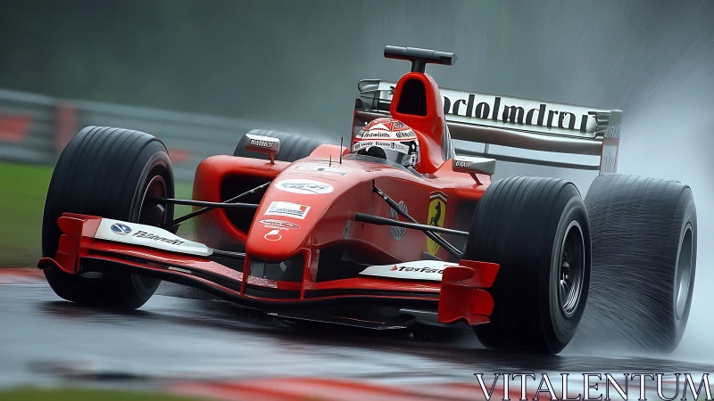 Red Formula 1 race car speeding on wet track in rain.