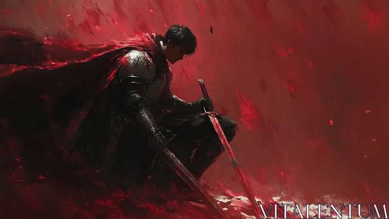 Battle weary knight kneels in a storm of crimson embers