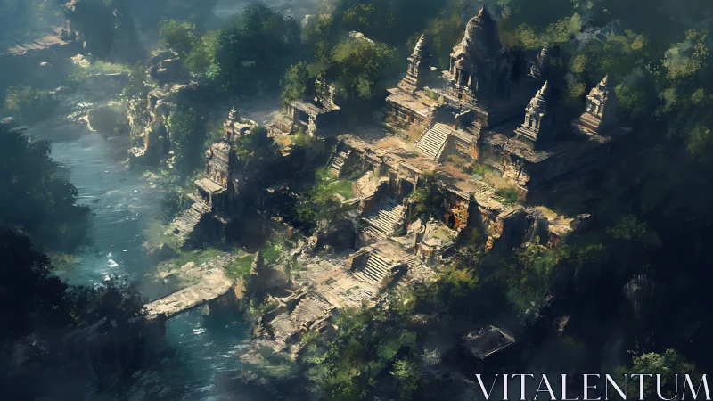 Ancient riverside temple ruins in lush jungle light.