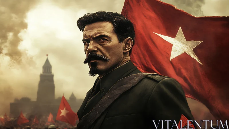 Cinematic revolutionary officer with flag under stormy sky.