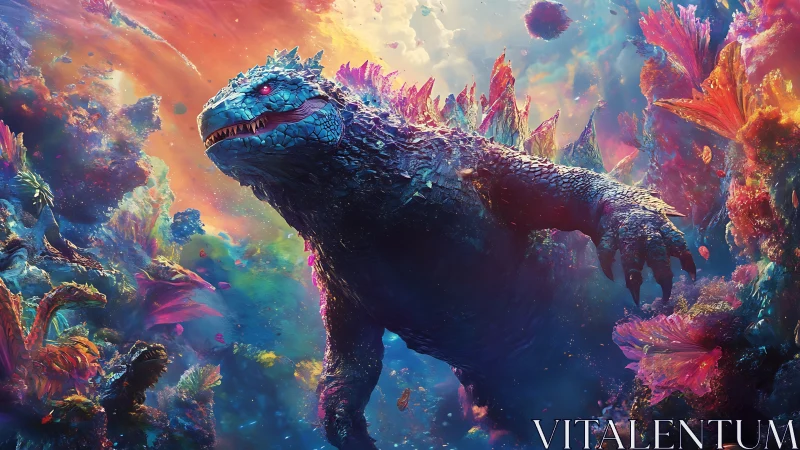 Colossal reptilian creature amid dense luminous seascape.