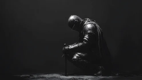 Silent knight at rest in shadowed armor-lit stillness.