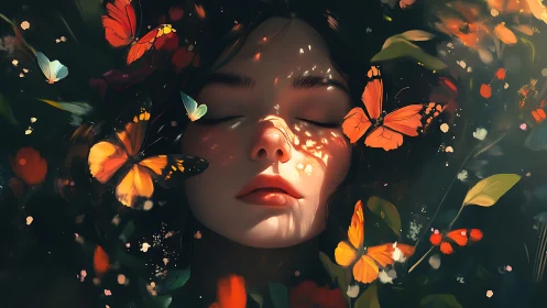 Dreamy girl rests as gentle butterflies glow around her