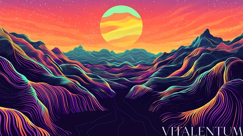 Radiant neon mountains glowing beneath a dreamy cosmic sun.