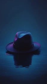 Solitary fedora floats in neon-tinted midnight water