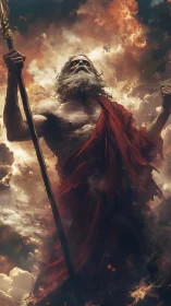 Mythic robed deity with staff amid stormy clouds.