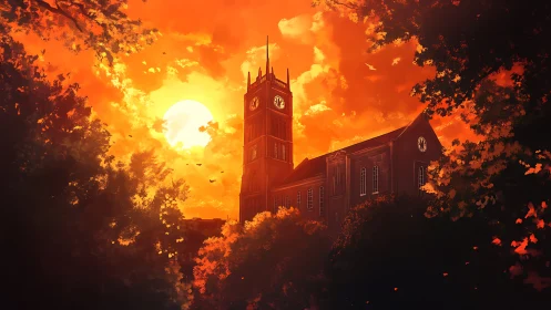 Sunlit clocktower drifting through a blazing autumn sky.