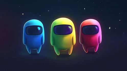 Triad of neon astronauts rendered with soft glow gradients in space