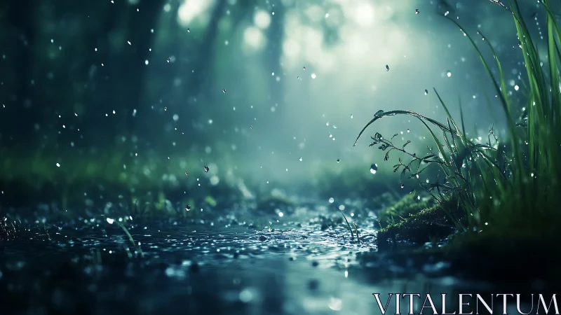 Macro rain scene isolates dewdrops on forest floor foliage