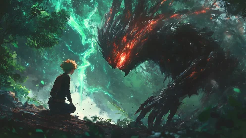 Digital painting of forest-bound youth confronting lava wraith.