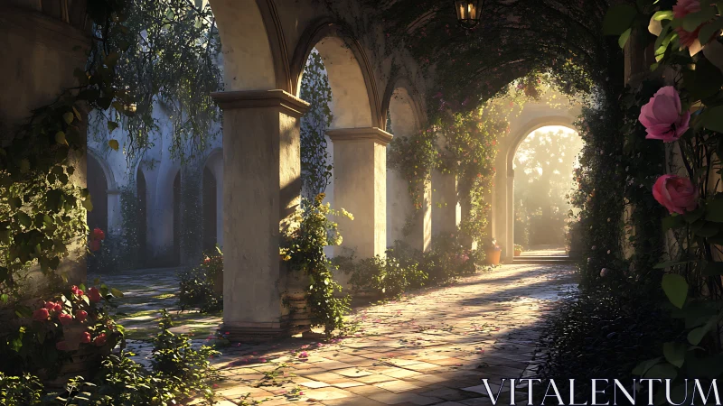 Sunlit vine-covered cloister walkway in digital painting style.