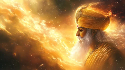 Elderly turbaned sage dissolves into luminous nebular plasma