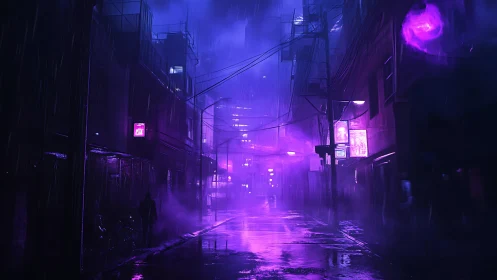 Neon lit rainy alley with lone figure and violet fog.