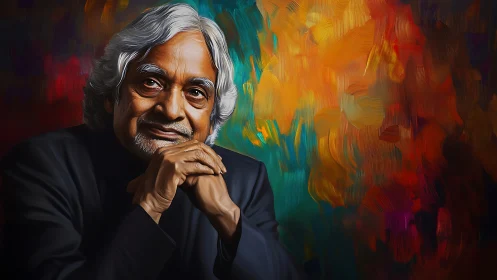 Gentle elder rests in thought against a vibrant painted glow