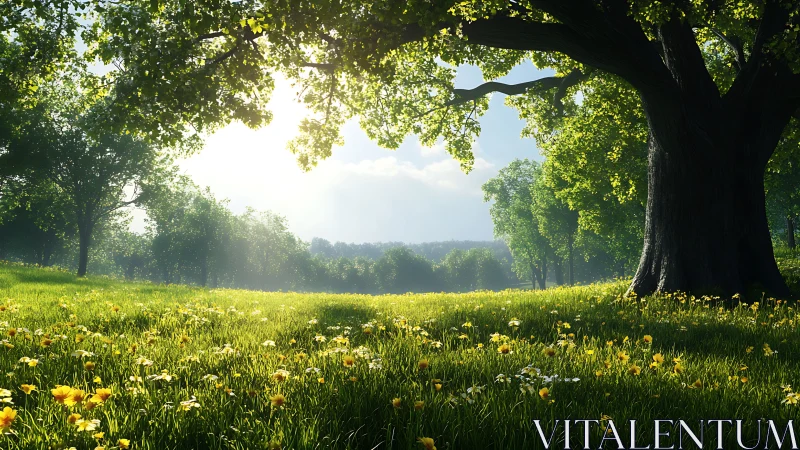 Sunlit meadow under sprawling oak with bright wildflowers.