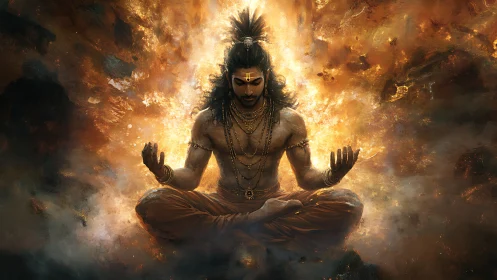 Meditating deity in fiery cosmic energy background.