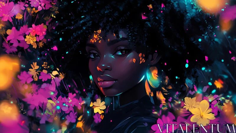 Midnight muse crowned in neon blossoms and quiet starlight.