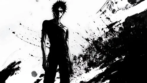 Shadowlit loner standing against a storm of ink and light.