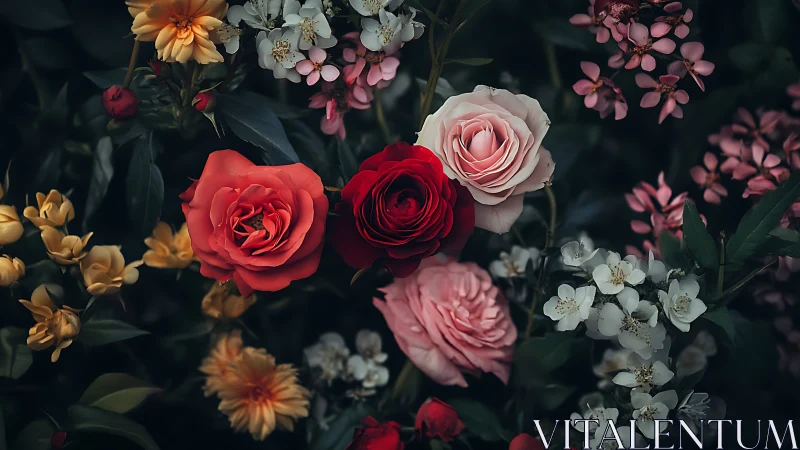 Floral Garden Composition with Layered Rose Varieties in Chromatic Arrangement