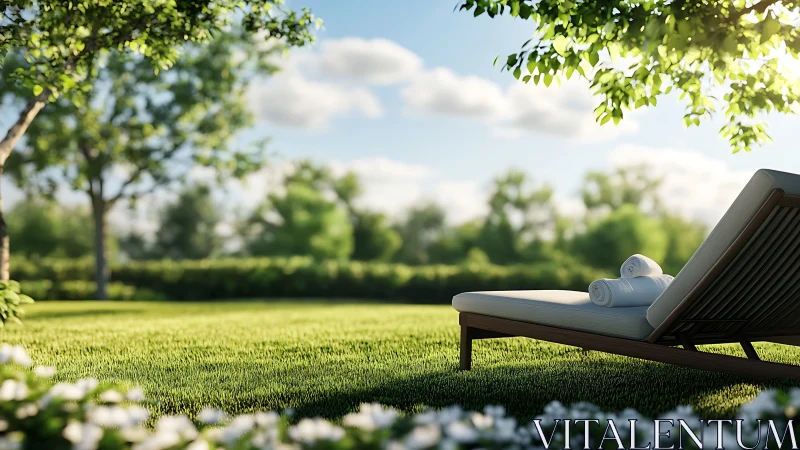 Sunlit garden lounger invites calm relaxation in lush greenery
